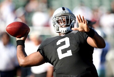 OAKLAND, CA - AUGUST 13: Quarterback JaMarcus Russell #2 of the Oakland Raiders warms up before the preseason game against the Dallas Cowboys at Oakland-Alameda County Coliseum on August 13, 2009 in Oakland, California. <br /><br /><span class="help">(Photo by Jed Jacobsohn/Getty Images)</span>