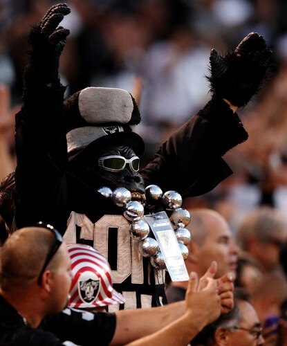 OAKLAND, CA - AUGUST 13:  An Oakland Raiders fan dressed in a gorilla outfit cheers on the Raiders against the Dallas Cowboys during the preseason game at Oakland-Alameda County Coliseum on August 13, 2009 in Oakland, California. <br /><br /><span class="help">(Photo by Jed Jacobsohn/Getty Images)</span>