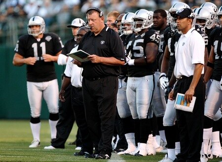 OAKLAND, CA - AUGUST 13: Head coach Tom Cable of the Oakland Raiders looks on from the sideline during the preseason game against the Dallas Cowboys at Oakland-Alameda County Coliseum on August 13, 2009 in Oakland, California. <br /><br /><span class="help">(Photo by Jed Jacobsohn/Getty Images)</span>