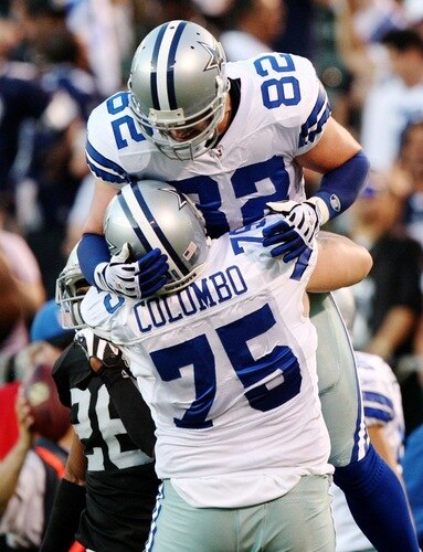 OAKLAND, CA - AUGUST 13:  Tight end Jason Witten #82 of the Dallas Cowboys celebrates his eight-yard touchdown catch with teammate Marc Colombo #75 in the first quarter against the Oakland Raiders during the preseason game at Oakland-Alameda County Coliseum on August 13, 2009 in Oakland, California. <br /><br /><span class="help">(Photo by Jed Jacobsohn/Getty Images)</span>
