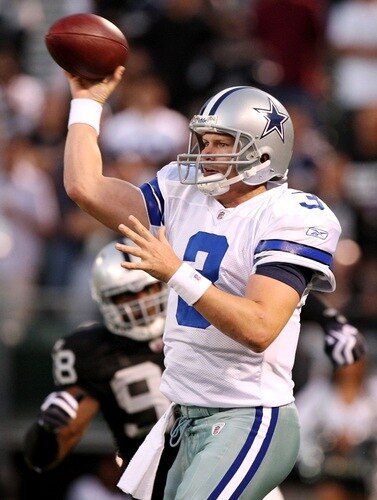 OAKLAND, CA - AUGUST 13:  Quarterback Jon Kitna #3 of the Dallas Cowboys passes the ball in front of Jay Richardson #98 of the Oakland Raiders in the second quarter during the preseason game at Oakland-Alameda County Coliseum on August 13, 2009 in Oakland, California. <br /><br /><span class="help">(Photo by Jed Jacobsohn/Getty Images)</span>
