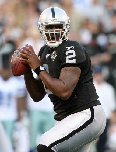 OAKLAND, CA - AUGUST 13: Quarterback JaMarcus Russell #2 of the Oakland Raiders passes the ball in the first quarter against the Dallas Cowboys during the preseason game at Oakland-Alameda County Coliseum on August 13, 2009 in Oakland, California. <br /><br /><span class="help">(Photo by Jed Jacobsohn/Getty Images)</span>