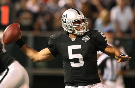 OAKLAND, CA - AUGUST 13:  Bruce Gradkowski #5 of the Oakland Raiders passes against the Dallas Cowboys during the preseason game at Oakland-Alameda County Coliseum on August 13, 2009 in Oakland, California.  <br /><br /><span class="help">(Photo by Jed Jacobsohn/Getty Images)</span>