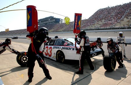 BROOKLYN, MI - AUGUST 15:  Kevin Harvick, driver of the #33 Jimmy John's Chevrolet makes a pit stop during the NASCAR Nationwide Series at Michigan International Speedway on August 15, 2009 in Brooklyn, Michigan.  <br /><br /><span class="help">(Photo by Jerry Markland/Getty Images for NASCAR)</span>
