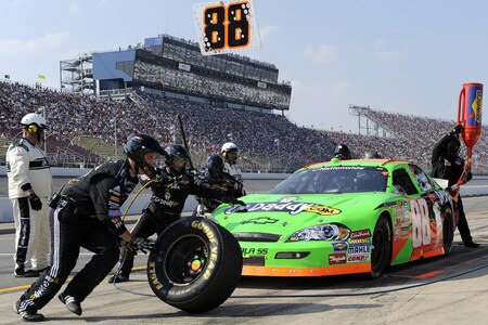 BROOKLYN, MI - AUGUST 15: Brad Keselowski driver of the #88 GoDaddy.com Chevrolet, pits during the NASCAR Nationwide Series at Michigan International Speedway on August 15, 2009 in Brooklyn, Michigan.  <br /><br /><span class="help">(Photo by John Harrelson/Getty Images for NASCAR)</span>