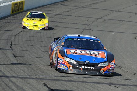 BROOKLYN, MI - AUGUST 15:  Kyle Busch, driver of the #18 NOS Toyota, leads Brian Vickers, driver of the #32 Dollar General Stores Toyota, during the NASCAR Nationwide Series at Michigan International Speedway on August 15, 2009 in Brooklyn, Michigan.  <br /><br /><span class="help">(Photo by Harry How/Getty Images)</span>