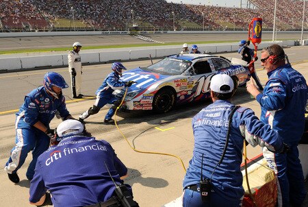 BROOKLYN, MI - AUGUST 15:  Greg Biffle, driver of the #16 CITI Financial Ford pits during the NASCAR Nationwide Series at Michigan International Speedway on August 15, 2009 in Brooklyn, Michigan.  <br /><br /><span class="help">(Photo by Rusty Jarrett/Getty Images for NASCAR)</span>