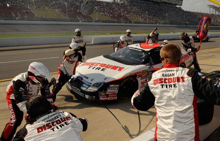 BROOKLYN, MI - AUGUST 15:  David Ragan, driver of the #6 Discount Tire Ford pits during the NASCAR Nationwide Series at Michigan International Speedway on August 15, 2009 in Brooklyn, Michigan.  <br /><br /><span class="help">(Photo by Rusty Jarrett/Getty Images for NASCAR)</span>