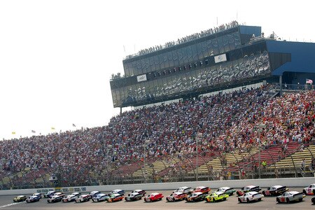 BROOKLYN, MI - AUGUST 15: Brian Vickers, driver of the #32 Dollar General Stores Toyota, leads the field at the start the NASCAR Nationwide Series at Michigan International Speedway on August 15, 2009 in Brooklyn, Michigan.  <br /><br /><span class="help">(Photo by Jerry Markland/Getty Images for NASCAR)</span>