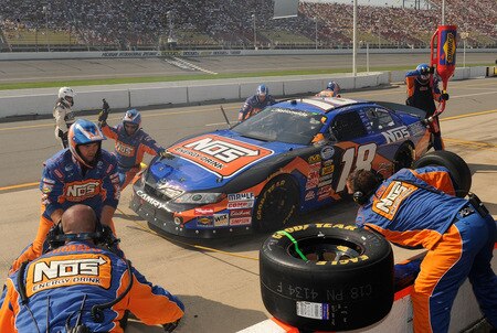 BROOKLYN, MI - AUGUST 15:  Kyle Busch, driver of the NOS Toyota, pits during the NASCAR Nationwide Series at Michigan International Speedway on August 15, 2009 in Brooklyn, Michigan.  <br /><br /><span class="help">(Photo by Rusty Jarrett/Getty Images for NASCAR)</span>