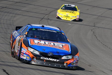 BROOKLYN, MI - AUGUST 15:  Kyle Busch, driver of the #18 NOS Toyota, leads Brian Vickers, driver of the #32 Dollar General Stores Toyota, during the NASCAR Nationwide Series at Michigan International Speedway on August 15, 2009 in Brooklyn, Michigan.  <br /><br /><span class="help">(Photo by Harry How/Getty Images)</span>