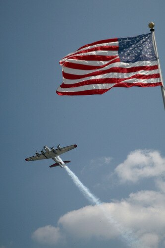 BROOKLYN, MI - AUGUST 15:  A B-17 Flying Fortress, from the Yankee Air Museum does a fly over prior to the NASCAR Nationwide Series at Michigan International Speedway on August 15, 2009 in Brooklyn, Michigan.  <br /><br /><span class="help">(Photo by Jerry Markland/Getty Images for NASCAR)</span>