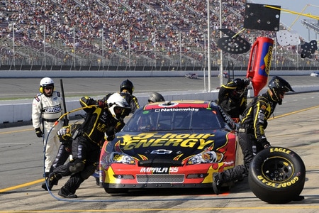 BROOKLYN, MI - AUGUST 15:  Steve Wallace driver of the #66 5-Hour Energy Chevrolet, makes a pit stop during the NASCAR Nationwide Series at Michigan International Speedway on August 15, 2009 in Brooklyn, Michigan.  <br /><br /><span class="help">(Photo by John Harrelson/Getty Images for NASCAR)</span>