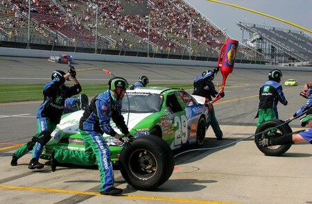 BROOKLYN, MI - AUGUST 15: Jeff Burton, driver of the #29 Holiday Inn Chevrolet makes a pit stop during the NASCAR Nationwide Series at Michigan International Speedway on August 15, 2009 in Brooklyn, Michigan.  <br /><br /><span class="help">(Photo by Jerry Markland/Getty Images for NASCAR)</span>