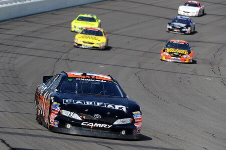 BROOKLYN, MI - AUGUST 15:  Denny Hamlin, driver of the #11 CARFAX Toyota, leads a pack of cars during the NASCAR Nationwide Series at Michigan International Speedway on August 15, 2009 in Brooklyn, Michigan.  <br /><br /><span class="help">(Photo by Harry How/Getty Images)</span>