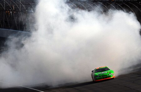BROOKLYN, MI - AUGUST 15:  Brad Keselowski, driver of the #88 GoDaddy Chevrolet, performs a burnout after winning the NASCAR Nationwide Series at Michigan International Speedway on August 15, 2009 in Brooklyn, Michigan.  <br /><br /><span class="help">(Photo by Harry How/Getty Images)</span>