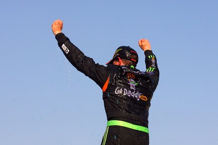 BROOKLYN, MI - AUGUST 15:  Brad Keselowski, driver of the #88 GoDaddy Chevrolet, celebrates in victory lane after winning the NASCAR Nationwide Series at Michigan International Speedway on August 15, 2009 in Brooklyn, Michigan.  <br /><br /><span class="help">(Photo by Jason Smith/Getty Images)</span>