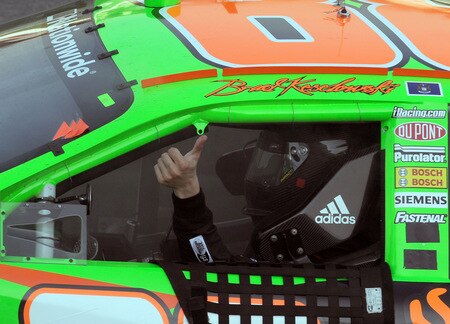 BROOKLYN, MI - AUGUST 15:  Brad Keselowski, driver of the #88 GoDaddy Chevrolet, gives a thumbs up gesture in celebration of winning the NASCAR Nationwide Series at Michigan International Speedway on August 15, 2009 in Brooklyn, Michigan.  <br /><br /><span class="help">(Photo by Harry How/Getty Images)</span>