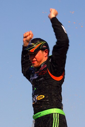 BROOKLYN, MI - AUGUST 15:  Brad Keselowski, driver of the #88 GoDaddy Chevrolet, celebrates in victory lane after winning the NASCAR Nationwide Series at Michigan International Speedway on August 15, 2009 in Brooklyn, Michigan.  <br /><br /><span class="help">(Photo by Jason Smith/Getty Images)</span>