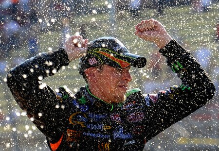 BROOKLYN, MI - AUGUST 15: Brad Keselowski, driver of the #88 GoDaddy.com Chevrolet celebrates after winning the NASCAR Nationwide Series at Michigan International Speedway on August 15, 2009 in Brooklyn, Michigan.  <br /><br /><span class="help">(Photo by John Harrelson/Getty Images for NASCAR)</span>
