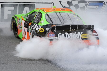 BROOKLYN, MI - AUGUST 15:  Brad Keselowski, driver of the #88 GoDaddy Chevrolet, performs a burnout after winning the NASCAR Nationwide Series at Michigan International Speedway on August 15, 2009 in Brooklyn, Michigan.  <br /><br /><span class="help">(Photo by John Harrelson/Getty Images for NASCAR)</span>