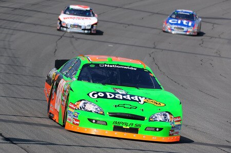 BROOKLYN, MI - AUGUST 15:  Brad Keselowski, driver of the #88 GoDaddy Chevrolet, leads a pack of cars during the NASCAR Nationwide Series at Michigan International Speedway on August 15, 2009 in Brooklyn, Michigan.  <br /><br /><span class="help">(Photo by Harry How/Getty Images)</span>