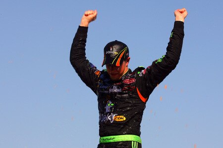 BROOKLYN, MI - AUGUST 15:  Brad Keselowski, driver of the #88 GoDaddy Chevrolet, celebrates in victory lane after winning the NASCAR Nationwide Series at Michigan International Speedway on August 15, 2009 in Brooklyn, Michigan.  <br /><br /><span class="help">(Photo by Jason Smith/Getty Images)</span>