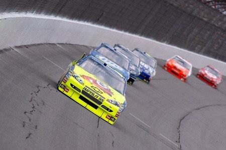 BROOKLYN, MI - AUGUST 16:  Mark Martin, driver of the #5 Kellogg's / CARQUEST Chevrolet, leads a pack of cars during the NASCAR Sprint Cup Series CARFAX 400 at Michigan International Speedway on August 16, 2009 in Brooklyn, Michigan.  <br /><br /><span class="help">(Photo by Jason Smith/Getty Images)</span>