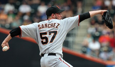 NEW YORK - AUGUST 16:  Jonathan Sanchez #57 of the San Francisco Giants pitches against the New York Mets on August 16, 2009 at Citi Field in the Flushing neighborhood of the Queens borough of New York City.  <br /><br /><span class="help">(Photo by Jim McIsaac/Getty Images)</span>