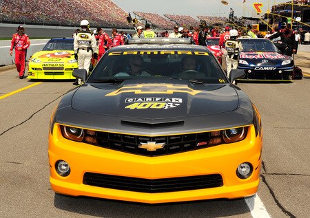 BROOKLYN, MI - AUGUST 16:  The Chevrolet Camaro pace car site at the front of the field on the grid prior to the start of the NASCAR Sprint Cup Series CARFAX 400 at Michigan International Speedway on August 16, 2009 in Brooklyn, Michigan.  <br /><br /><span class="help">(Photo by Rusty Jarrett/Getty Images for NASCAR)</span>