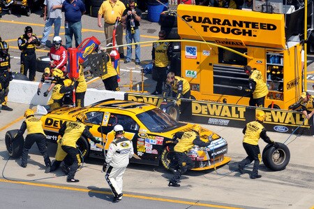 BROOKLYN, MI - AUGUST 16:  Matt Kenseth, driver of the #17 DEWALT Ford, pits during the NASCAR Sprint Cup Series CARFAX 400 at Michigan International Speedway on August 16, 2009 in Brooklyn, Michigan.  <br /><br /><span class="help">(Photo by Harry How/Getty Images)</span>