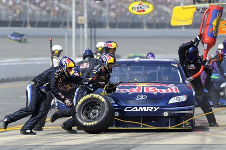 BROOKLYN, MI - AUGUST 16:  Brian Vickers, driver of the #83 Red Bull Toyota, pits during the NASCAR Sprint Cup Series CARFAX 400 at Michigan International Speedway on August 16, 2009 in Brooklyn, Michigan.  <br /><br /><span class="help">(Photo by John Harrelson/Getty Images for NASCAR)</span>
