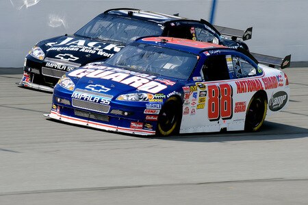 BROOKLYN, MI - AUGUST 16:  Dale Earnhardt Jr., driver #88 National Guard / AMP Energy Chevrolet, races Casey Casey Mears, driver of the #07 JACK DANIEL's Chevrolet, during the NASCAR Sprint Cup Series CARFAX 400 at Michigan International Speedway on August 16, 2009 in Brooklyn, Michigan.  <br /><br /><span class="help">(Photo by John Harrelson/Getty Images for NASCAR)</span>