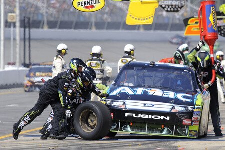 BROOKLYN, MI - AUGUST 16:  Carl Edwards, driver of the #99 AFLAC Ford, pits during the NASCAR Sprint Cup Series CARFAX 400 at Michigan International Speedway on August 16, 2009 in Brooklyn, Michigan.  <br /><br /><span class="help">(Photo by John Harrelson/Getty Images for NASCAR)</span>