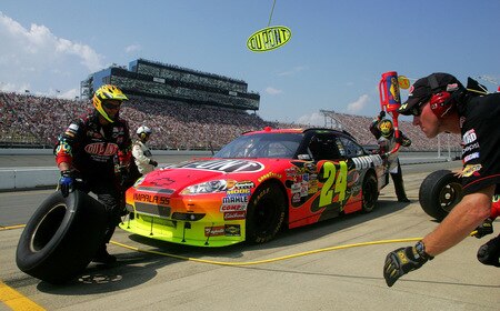 BROOKLYN, MI - AUGUST 16:  Jeff Gordon, driver of the #24 DuPont Chevrolet, pits during the NASCAR Sprint Cup Series CARFAX 400 at Michigan International Speedway on August 16, 2009 in Brooklyn, Michigan.  <br /><br /><span class="help">(Photo by Jerry Markland/Getty Images for NASCAR)</span>