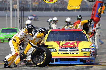 BROOKLYN, MI - AUGUST 16:  AJ Allmendinger, driver of the #44 Super 8 Dodge, pits during the NASCAR Sprint Cup Series CARFAX 400 at Michigan International Speedway on August 16, 2009 in Brooklyn, Michigan.  <br /><br /><span class="help">(Photo by John Harrelson/Getty Images for NASCAR)</span>