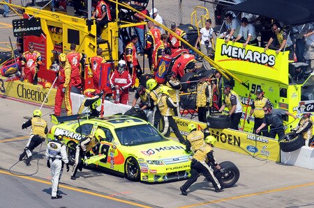 BROOKLYN, MI - AUGUST 16:  Paul Menard, driver of the #98 MOEN/MENARDS Ford, pits during the NASCAR Sprint Cup Series CARFAX 400 at Michigan International Speedway on August 16, 2009 in Brooklyn, Michigan.  <br /><br /><span class="help">(Photo by Harry How/Getty Images)</span>
