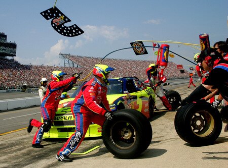 BROOKLYN, MI - AUGUST 16:  Mark Martin, driver of the #5 Kellogg's / CARQUEST Chevrolet, pits during the NASCAR Sprint Cup Series CARFAX 400 at Michigan International Speedway on August 16, 2009 in Brooklyn, Michigan.  <br /><br /><span class="help">(Photo by Jerry Markland/Getty Images for NASCAR)</span>
