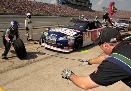 BROOKLYN, MI - AUGUST 16:  Dale Earnhardt Jr., driver of the #88 National Guard / AMP Energy Chevrolet, pits during the NASCAR Sprint Cup Series CARFAX 400 at Michigan International Speedway on August 16, 2009 in Brooklyn, Michigan.  <br /><br /><span class="help">(Photo by Rusty Jarrett/Getty Images for NASCAR)</span>