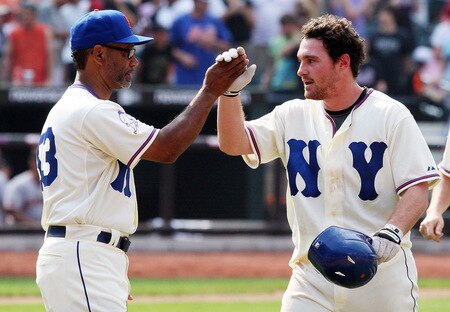 NEW YORK - AUGUST 16:  Daniel Murphy #28 of the New York Mets celebrates his game winning hit against the San Francisco Giants with manager Jerry Manual on August 16, 2009 at Citi Field in the Flushing neighborhood of the Queens borough of New York City.  <br /><br /><span class="help">(Photo by Jim McIsaac/Getty Images)</span>