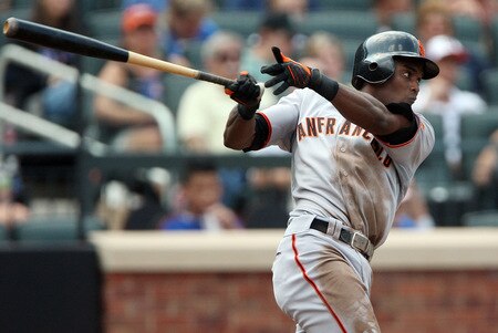 NEW YORK - AUGUST 16:  Eugenio Velez #8 of the San Francisco Giants follows through on a fifth inning RBI single against the New York Mets on August 16, 2009 at Citi Field in the Flushing neighborhood of the Queens borough of New York City.  <br /><br /><span class="help">(Photo by Jim McIsaac/Getty Images)</span>