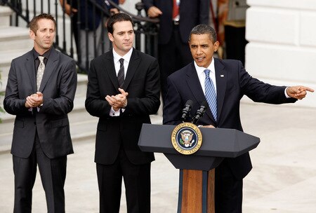 WASHINGTON - AUGUST 19:  U.S. President Barack Obama delivers remarks at an event honoring the 2008 Sprint Cup Champion Jimmie Johnson (C) with fellow driver Greg Biffle (L) at the White House August 19, 2009 in Washington, DC. NASCAR drivers Carl Edwards, Clint Bowyer, Jeff Burton, Jeff Gordon, Denny Hamlin, Tony Stewart and Dale Earnhardt Jr. also attended the ceremony.  <br /><br /><span class="help">(Photo by Chip Somodevilla/Getty Images)</span>