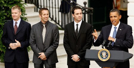 WASHINGTON - AUGUST 19:  U.S. President Barack Obama delivers remarks at an event honoring the 2008 Sprint Cup Champion Jimmie Johnson (2nd R) with fellow drivers Jeff Burton and Greg Biffle (2nd L) at the White House August 19, 2009 in Washington, DC. NASCAR drivers Carl Edwards, Clint Bowyer, Jeff Gordon, Denny Hamlin, Tony Stewart and Dale Earnhardt Jr. also attended the ceremony.  <br /><br /><span class="help">(Photo by Chip Somodevilla/Getty Images)</span>