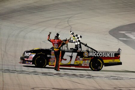 BRISTOL, TN - AUGUST 19:  Kyle Busch driver of the #51 Miccosukee Resort /Graceway Pharm. Toyota celebrates after winning during the NASCAR Camping World Truck Series O'Reilly 200 at Bristol Motor Speedway on August 19, 2009 in Bristol, Tennessee.  <br /><br /><span class="help">(Photo by John Harrelson/Getty Images for NASCAR)</span>