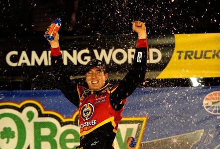 BRISTOL, TN - AUGUST 19:  Kyle Busch, driver of the #51 Miccosukee Resort/Graceway Pharm Toyota celebrates after winning  the NASCAR Camping World Truck Series O'Reilly 200 at Bristol Motor Speedway on August 19, 2009 in Bristol, Tennessee.  <br /><br /><span class="help">(Photo by Rusty Jarrett/Getty Images for NASCAR)</span>