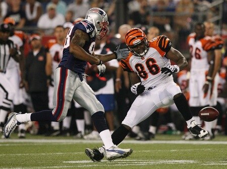 FOXBORO, MA - AUGUST 20:  Daniel Coats #86 of the Cincinnati Bengals fumbles the ball against Shawn Crable #98 of  the New England Patriots during their preseason game at Gillette Stadium on August 20, 2009 in Foxboro, Massachusetts.  <br /><br /><span class="help">(Photo by Jim Rogash/Getty Images)</span>