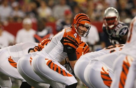 FOXBORO, MA - AUGUST 20:  J.T. O'Sullivan #4 of the Cincinnati Bengals calls signals out as he stands under center against the New England Patriots during their preseason game at Gillette Stadium on August 20, 2009 in Foxboro, Massachusetts.  <br /><br /><span class="help">(Photo by Jim Rogash/Getty Images)</span>