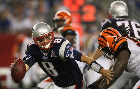 FOXBORO, MA - AUGUST 20:  Quarterback Brian Hoyer #8 of the New England Patriots attempts to allude pressure from the Cincinnati Bengals  defense during their preseason game at Gillette Stadium on August 20, 2009 in Foxboro, Massachusetts.  <br /><br /><span class="help">(Photo by Jim Rogash/Getty Images)</span>
