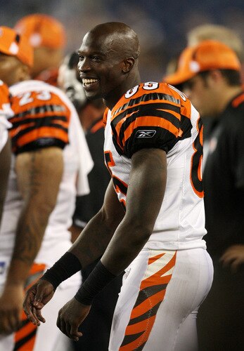FOXBORO, MA - AUGUST 20:  Chad Ochocinco #85 of the Cincinnati Bengals laughs on the sideline against the New England Patriots during their preseason game at Gillette Stadium on August 20, 2009 in Foxboro, Massachusetts.  <br /><br /><span class="help">(Photo by Jim Rogash/Getty Images)</span>