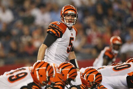 FOXBORO, MA - AUGUST 20:  Quarterback Jordan Palmer #5 of the Cincinnati Bengals calls signals out at the line of scrimmage against the New England Patriots during their preseason game at Gillette Stadium on August 20, 2009 in Foxboro, Massachusetts.  <br /><br /><span class="help">(Photo by Jim Rogash/Getty Images)</span>